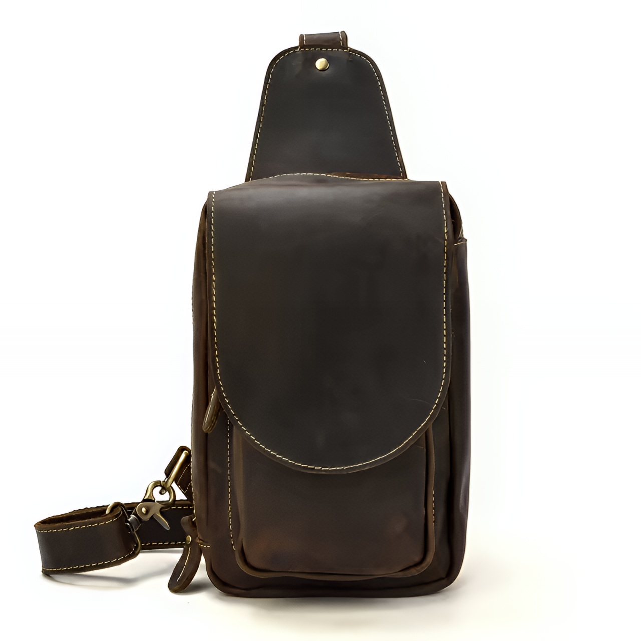 Sacoche compacte en cuir avec surpiqûres - Marron foncé