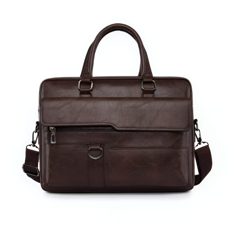 Sacoche homme simili cuir texturé double accès zippé 15" - Marron foncé