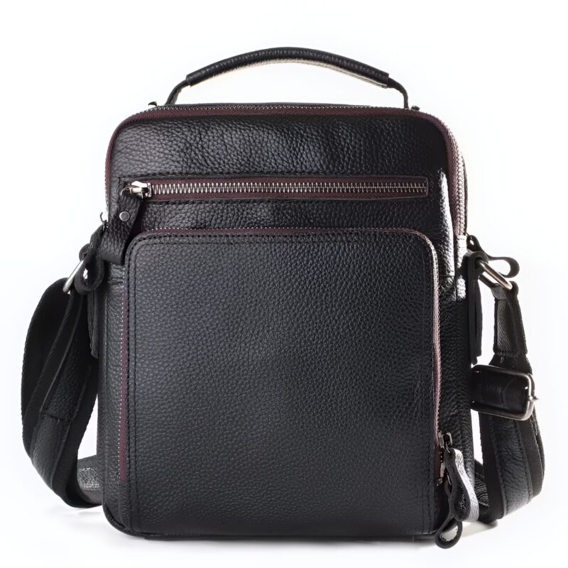Sacoche cuir homme avec poigné et bandoulière ajustable - Noir marron grainé