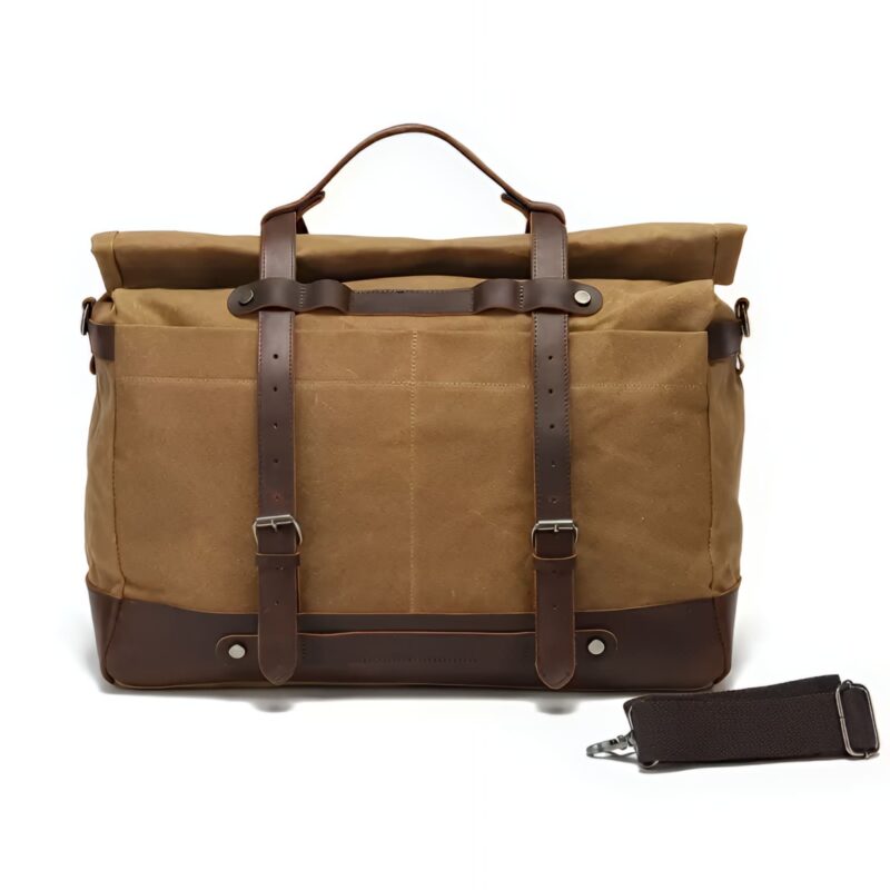 Sacoche grande capacité en toile cirée et cuir vintage - Kaki