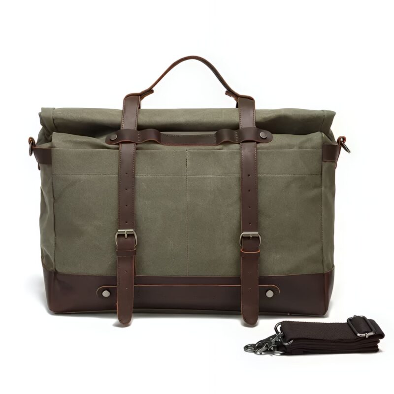 Sacoche grande capacité en toile cirée et cuir vintage - Vert militaire