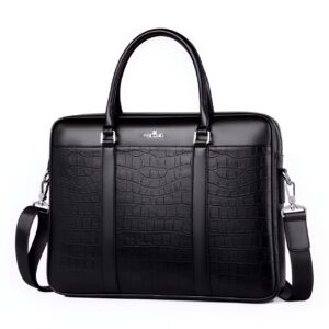 Porte-documents homme en cuir noir gaufré crocodile avec double portage