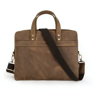 Sacoche homme en cuir suédé marron à double compartiment zippé