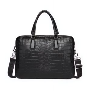 Sacoche porte-documents en cuir noir texturé façon crocodile avec bandoulière